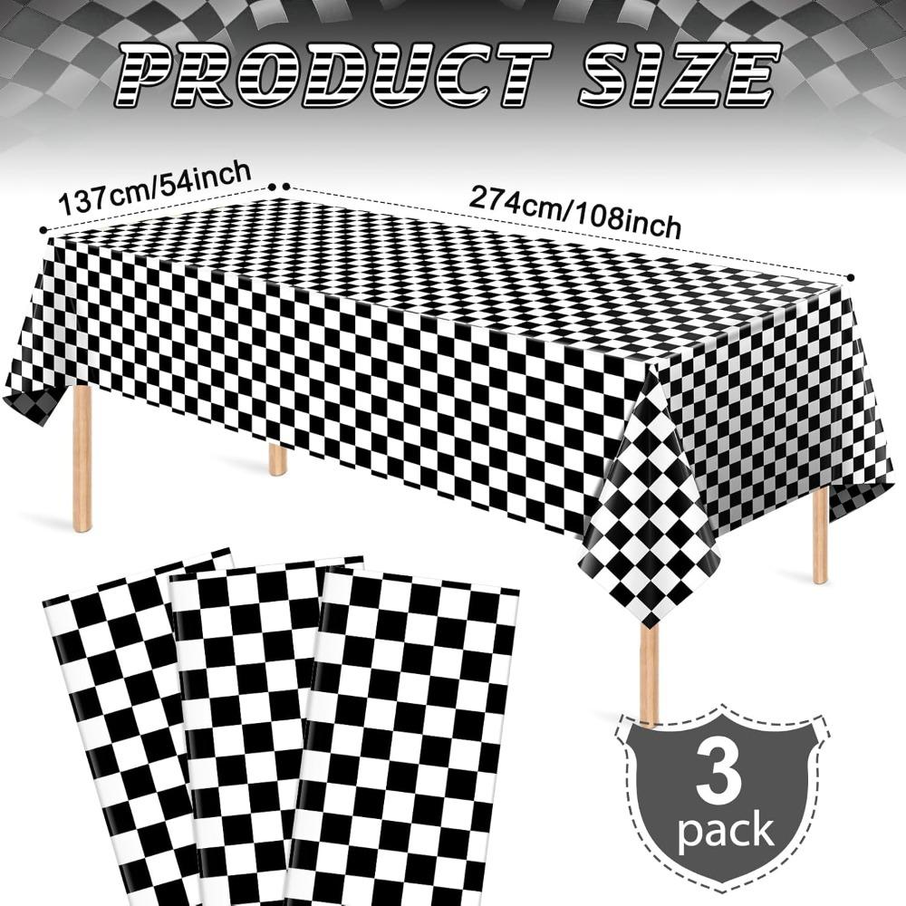 3pcs Race Car Checkered Plastic Tablecloth Black and White Racing Table Cover Disposable Cars Table Cloth for Car Theme Birthday Party Supplies