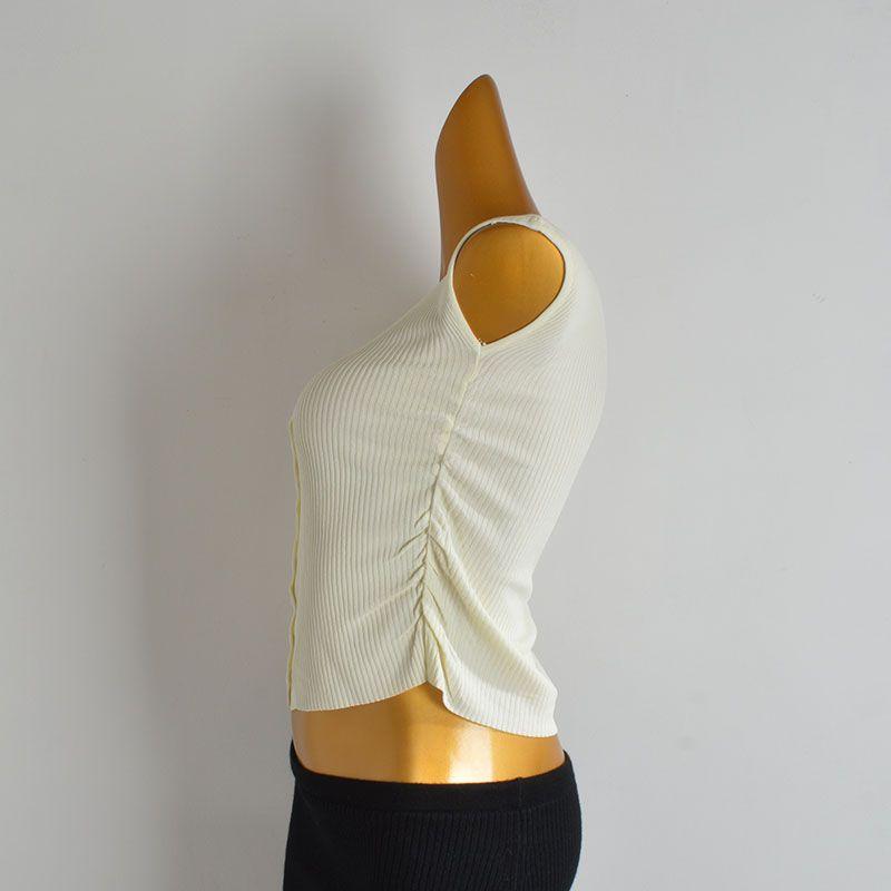 Summer Pure Color New Arrival V-neck Ruffled Sleeve Ice Silk Knitting Bottoming Cardigan Women's Clothing Fitted Waist Pleated T-shirt Tops Fashion