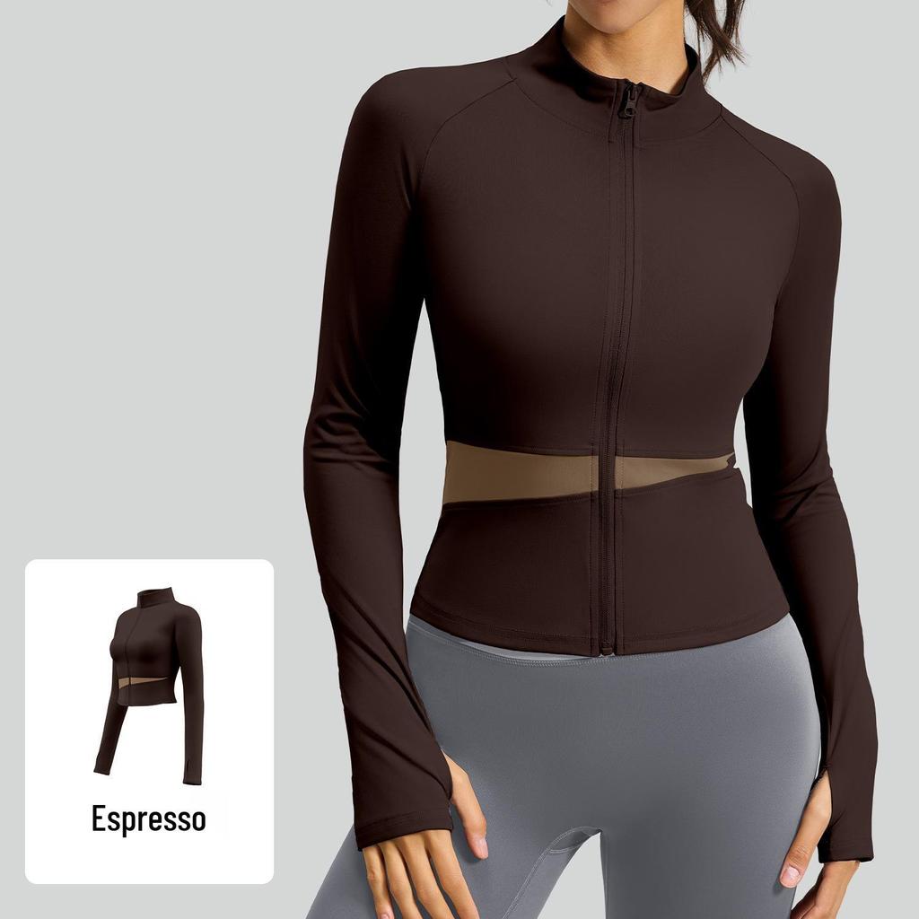 Juyitang Women's Slim Fit Long Yoga Jacket - Nude High Collar Fitness Top