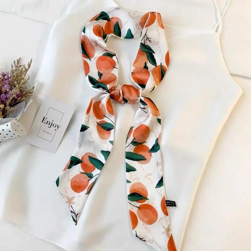 Long Skinny Hair Scarf For Women Fashion Fruit Print Kerchief Cute Headband Silk Satin Neck Scarfs 7*130cm Band Bag Scarves