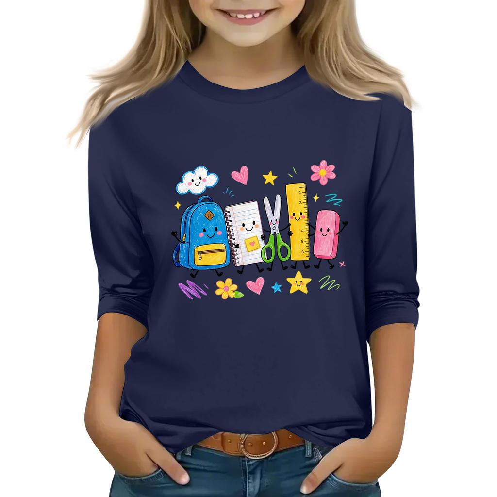 Kids Casual Printed Round Neck 3/4 Sleeve Top for Back to School