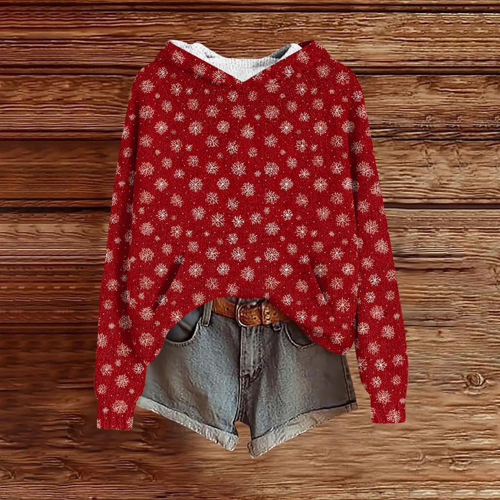 Women's Fashion Casual Long Sleeve Christmas Print Hooded Knitted Sweatshirt