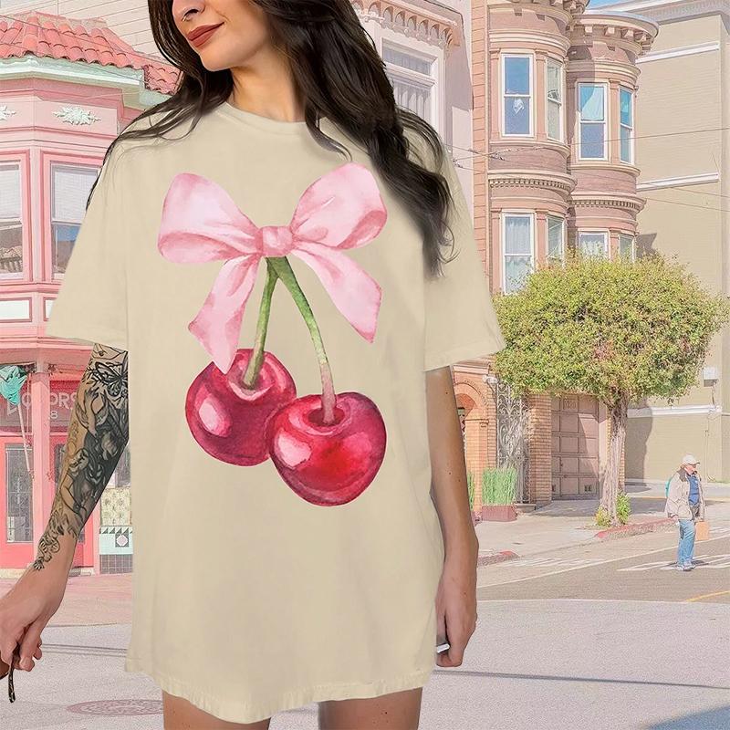 

Модная женская креативная футболка с принтом вишневого банта, забавная повседневная футболка с круглым вырезом и короткими рукавами, летняя женская футболка 8XL дубильная кора