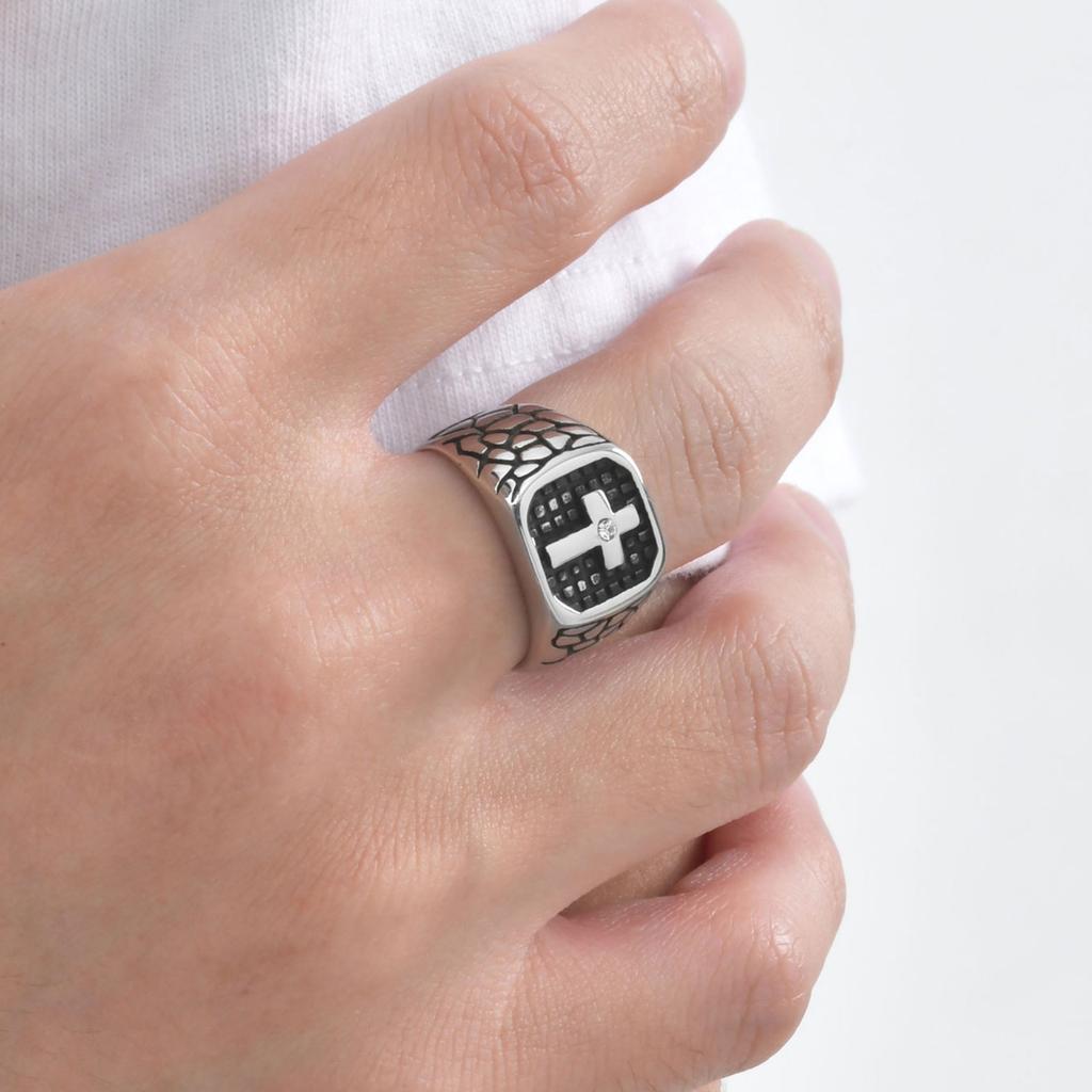 Trendige Edelstahl-Kreuzringe für Männer Silberfarbe Riss Zirkonia Ringe Kreuzsiegel Klunky Zierlich Schmuck für Mann