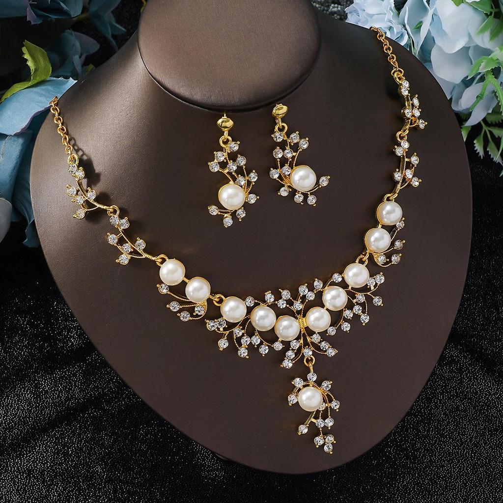 Luxury Imitation Pearl & Rhinestone Bridal Necklace and Earring Set