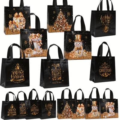 8/16pcs Elegant Black Christmas Gift Bags with Sturdy Handles - Luxury Golden Foil Holiday Designs (Trees, Presents, Snowflakes)