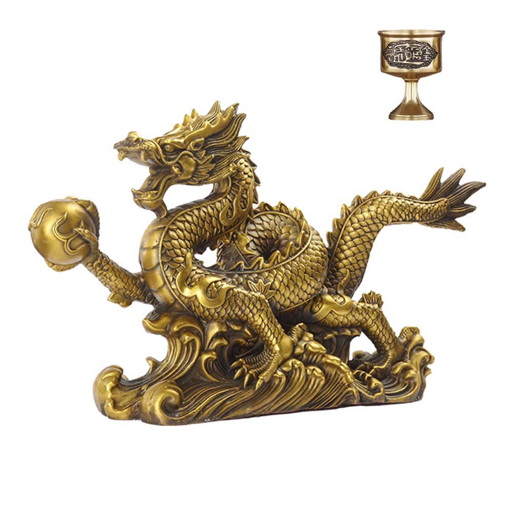 

Dragon Figurine, Golden Dragon with Five Claws, Feng Shui Dragon, Dragon and Water Cup Set, Playing with Pearls, Made of Brass, for Increased Wealth,