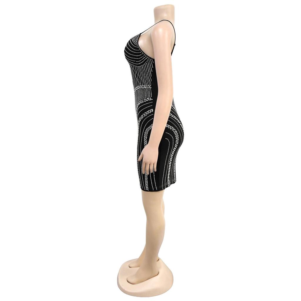 C7215 European & American Fashion Spaghetti Strap Rhinestone Dress - Sexy Tight Sleeve Short Dress for Women