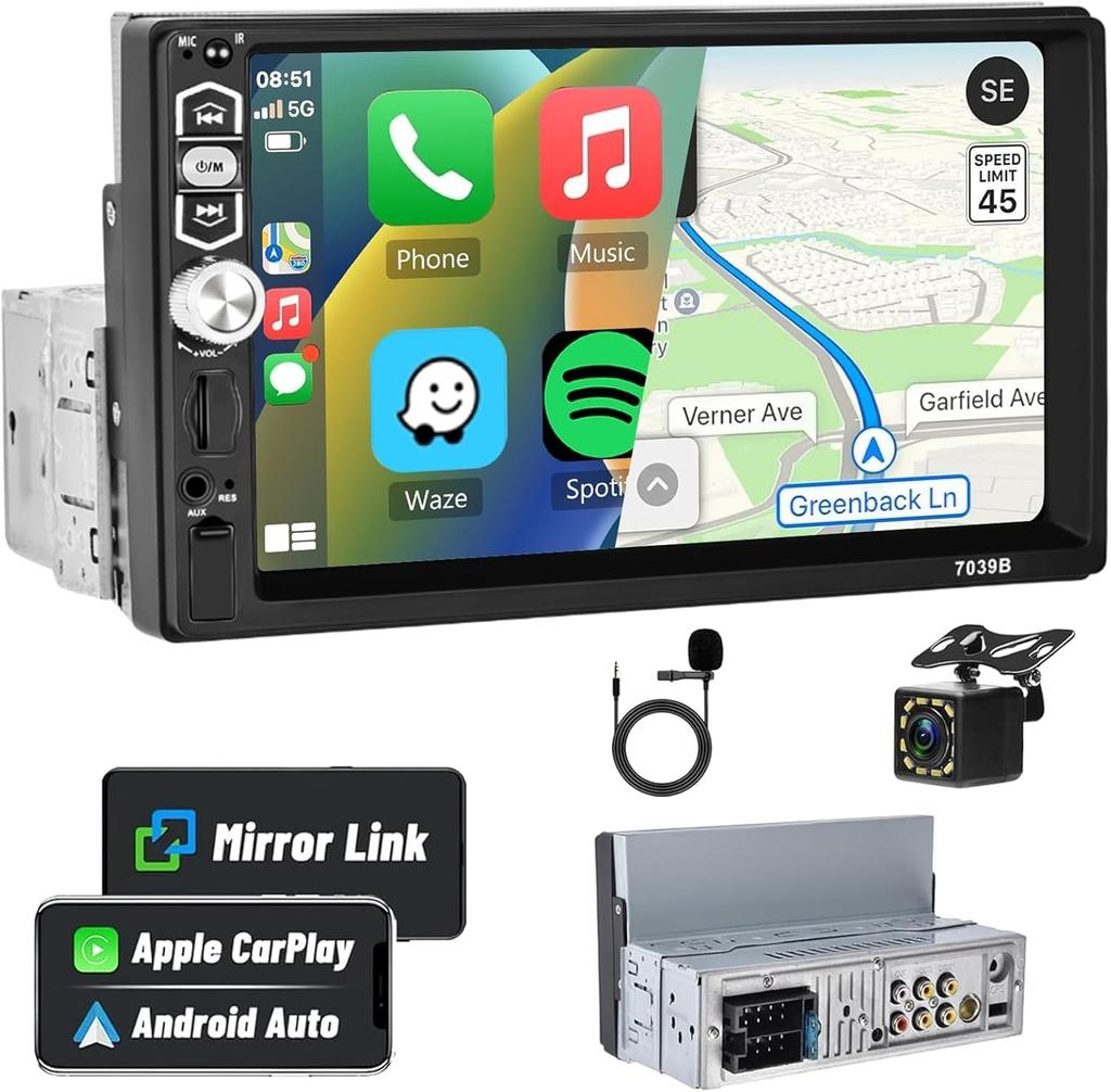 Audio 1 Din 7-inch Touchscreen CarPlay Android Auto, 1 Din Bluetooth 5.1, Mirror Link for Android/iOS, USB/TF Port, Aux, FM Radio, EQ Digital Receiver