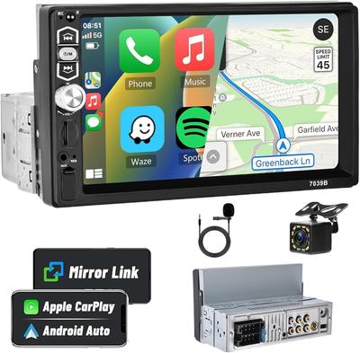 Audio 1 Din 7-inch Touchscreen CarPlay Android Auto, 1 Din Bluetooth 5.1, Mirror Link for Android/iOS, USB/TF Port, Aux, FM Radio, EQ Digital Receiver
