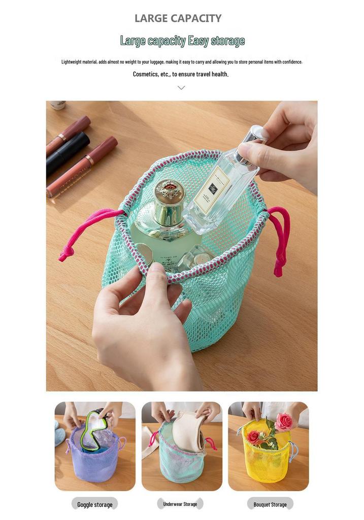 Dopamine Round Bottom Mesh Toiletry & Travel Bag - Outdoor Makeup, Fitness & Swimming Drawstring Bag