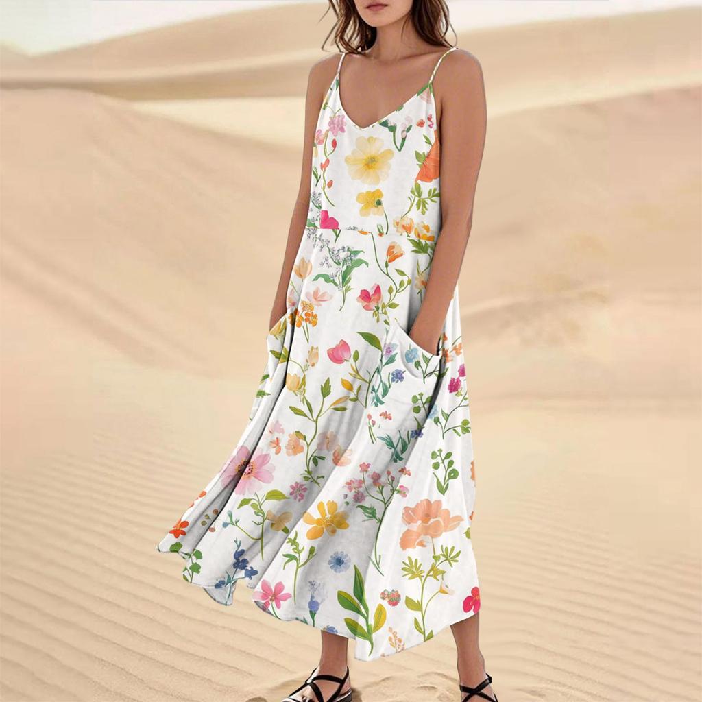 Women's Casual V Neck Floral Print Sleeveless Pocket Suspender Dress