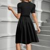 Women's Fashionable Casual Belt Short Sleeved Round Neck Color Patchwork Dress