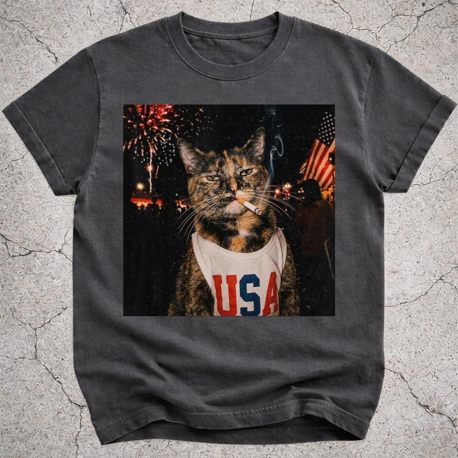 Patriotic Smoking Tortoiseshell Cat Shirt, Vintage 4th of July Tee, Funny Tortie Cat T-Shirt, Independence Day Gift, America 250 Tee 2XL