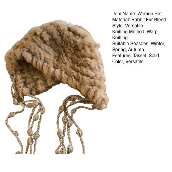 Women Hat Solid Color Rabbit Fur Blend Tassel Knit Hat Comfortable Stretch Fit Autumn Winter Skiing Warm Hat