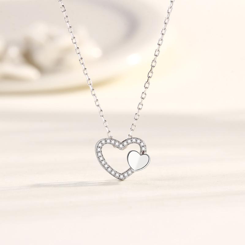 Korean Style S925 Sterling Silver Heart-to-Heart Diamond Pendant Necklace 925 Silver