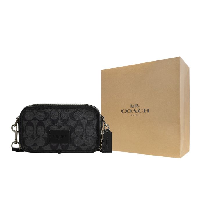 Coach Wyatt 19 Zip Closure Signature Coated Canvas With Smooth Calfskin Shoulder Bag Crossbody Bag Small Men Shoulder Bag Black CM109-QBMI5