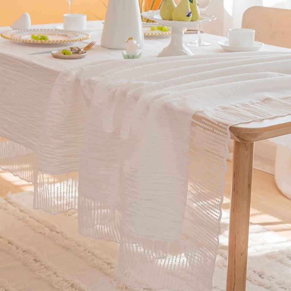 Solid Color Lace Edge Table Cover,French Retro Style Cotton Tablecloth,for Kitchen Dining Room Party Holiday Tabletop Decoration