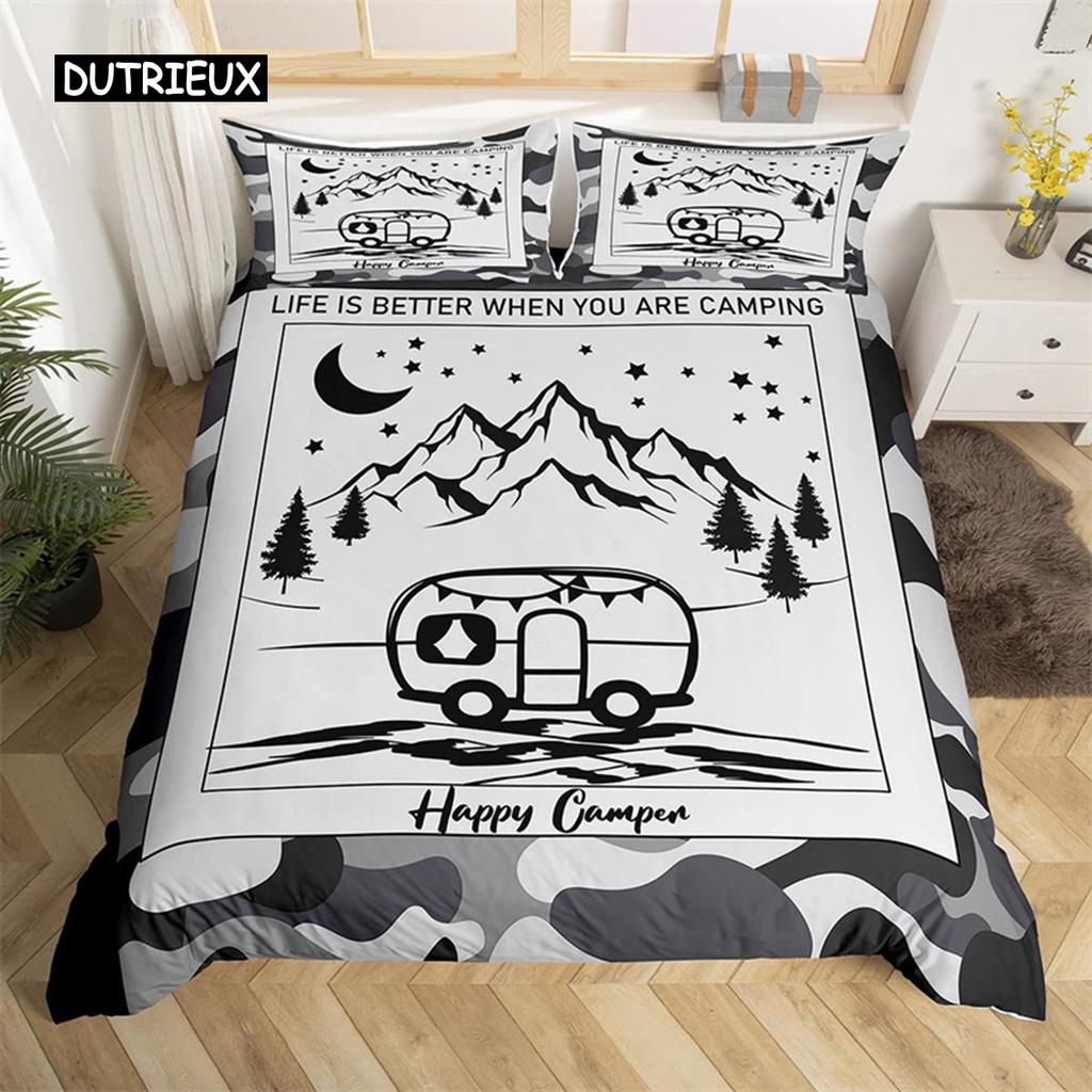 Camping Duvet Cover Microfiber Galaxy Stars Moon Happy Camping Comforter Cover Camper Truck Geometry Mountain Trees Bedding Set