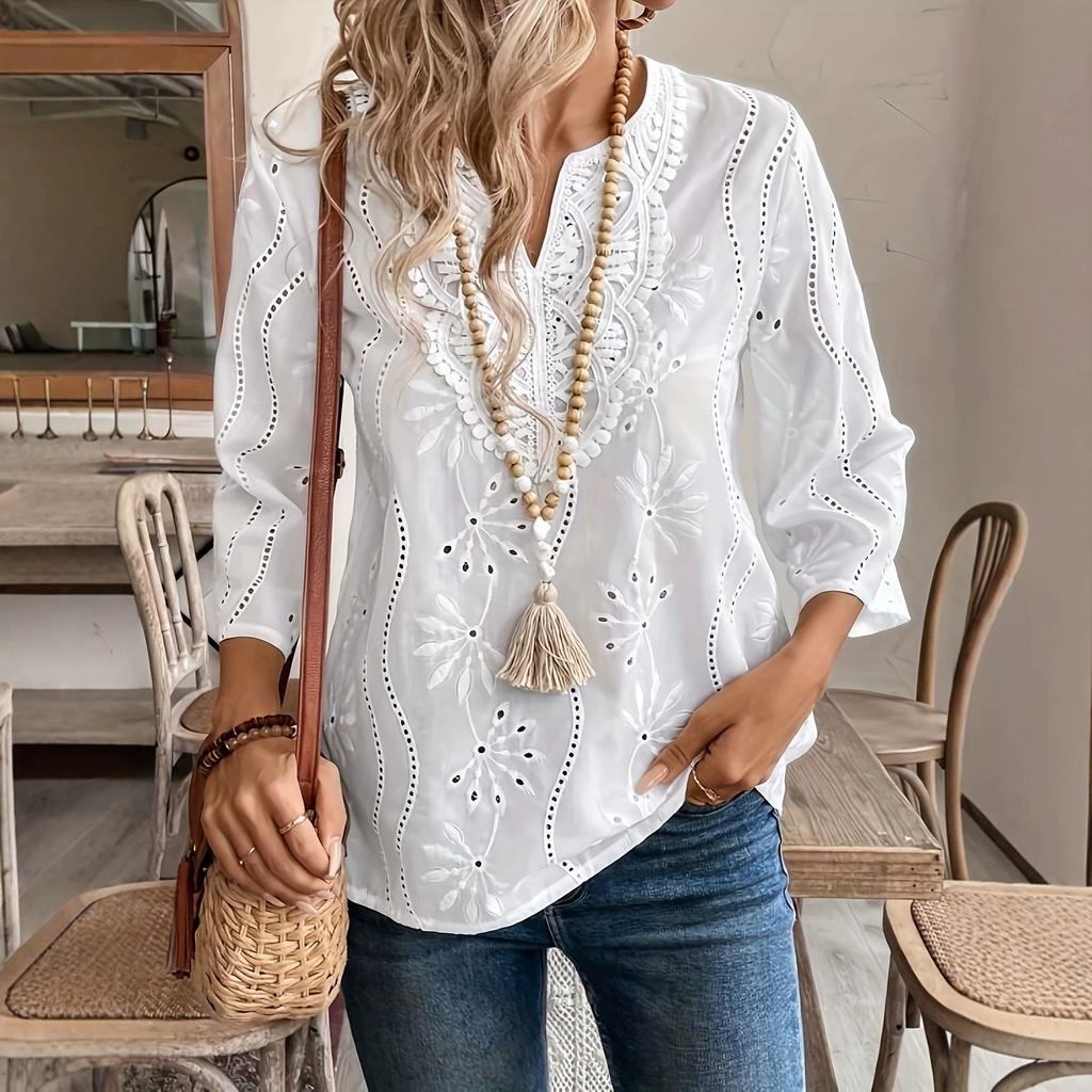 Women's V Neck 3/4 Flare Sleeve Hollow Eyelet Embroidery Blouse Loose Boho Lace Cutwork Top