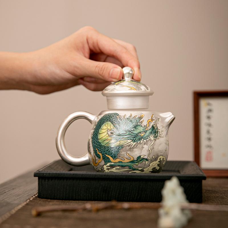Silver Teapot 999 ******lver Qinglong Teapot Chinese Kung Fu Tea Set Tea Pot Household Filter Single Pot High-end Gift Box