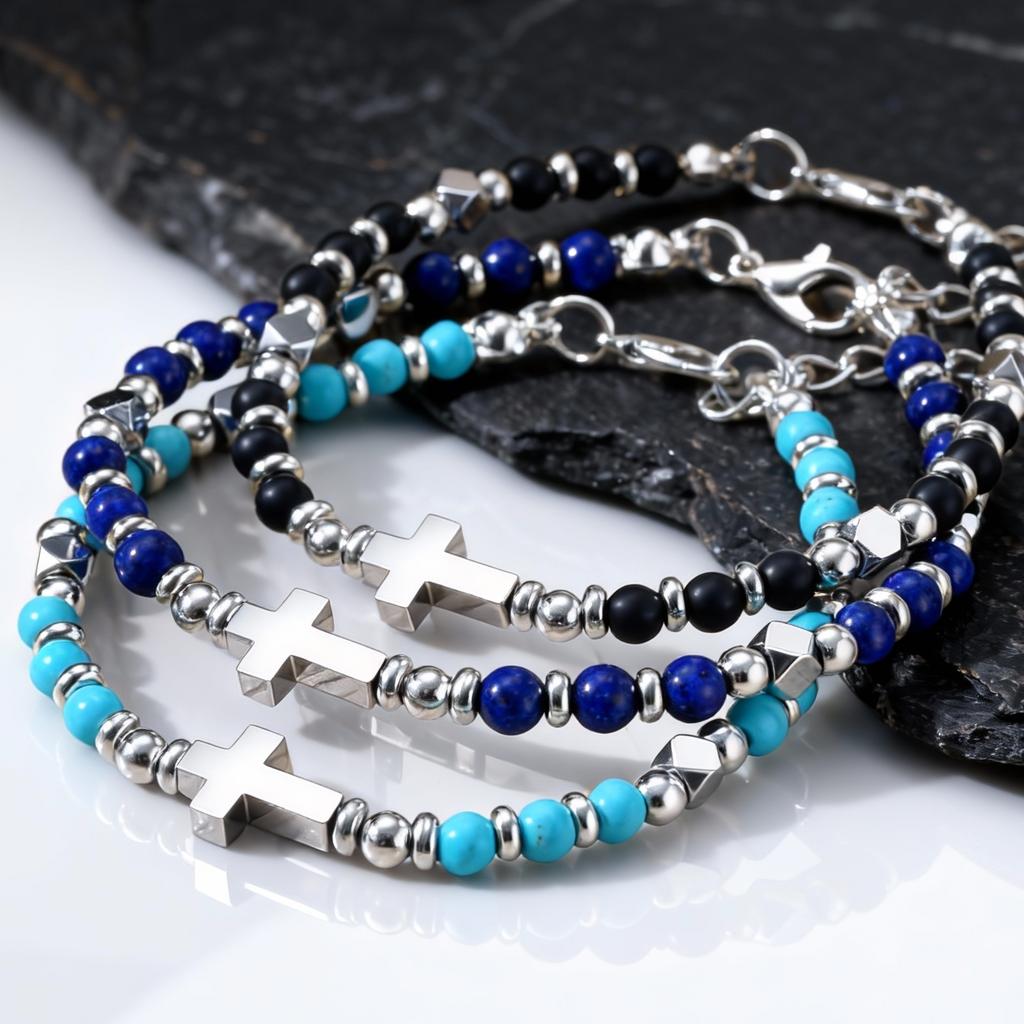 Trendy Men's Natural Stone Beaded Bracelet,Bohemian Cross Charms Chain Wristband,Jewelry Gift for Husband Dad Son