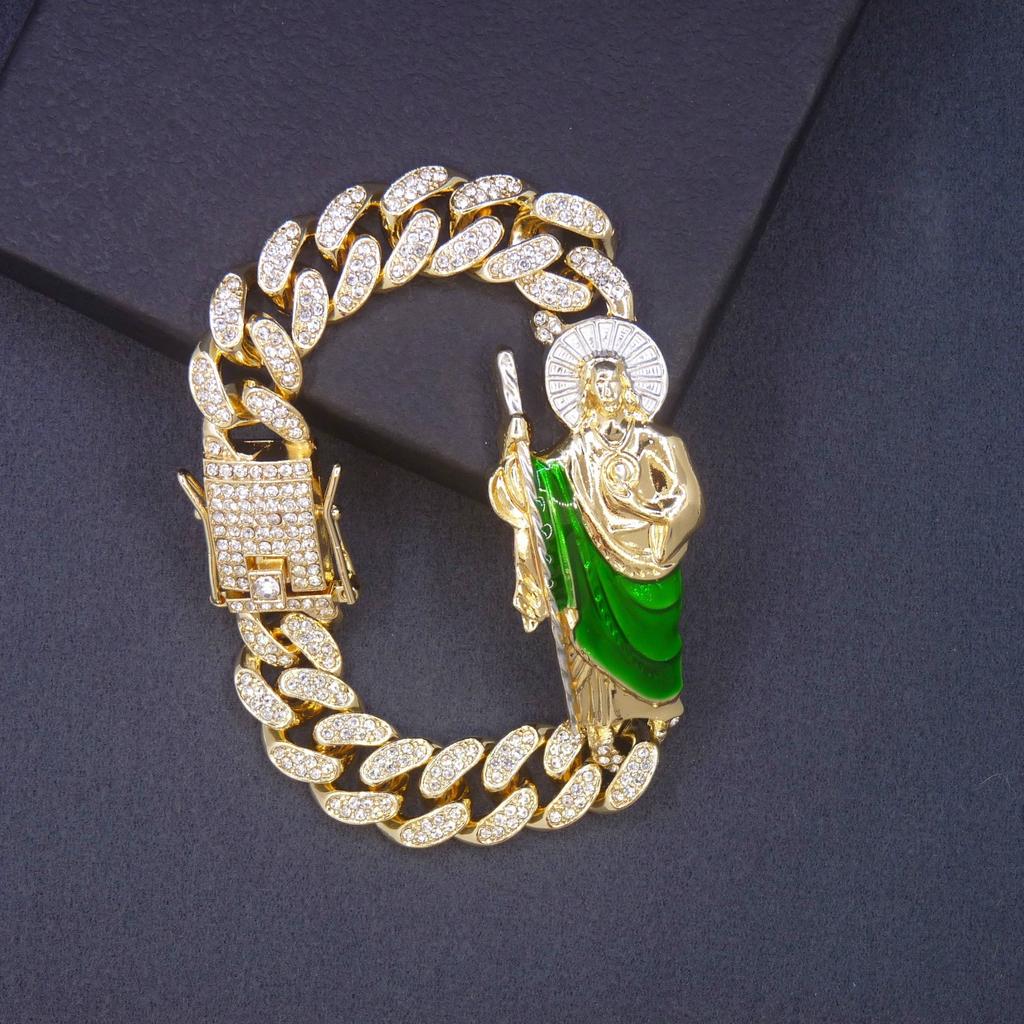 A Fashionable Zinc Alloy Cuban Chain Bracelet with Glitter Decoration and Shengling Pendant, Non-Magnetic, Non-Coated Jewelry Gift