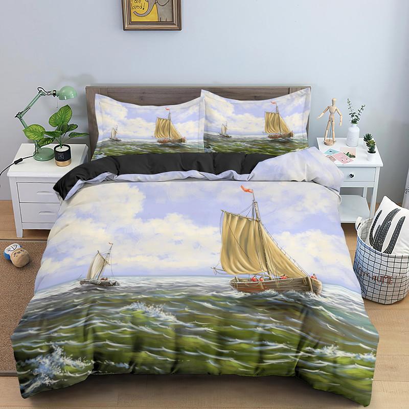Nautisk Segelbåt Påslakan Queen King Size 3D Oljemålning Båtstil Sängkläder Set Ocean Mjuk 2/3 Delar Polyester Täcke Överdrag