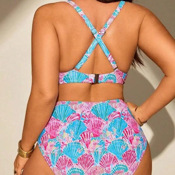 Women's Plus Size Underwire Push Up Bikini Set, Seashell Print High Waist Two Piece Swimsuit