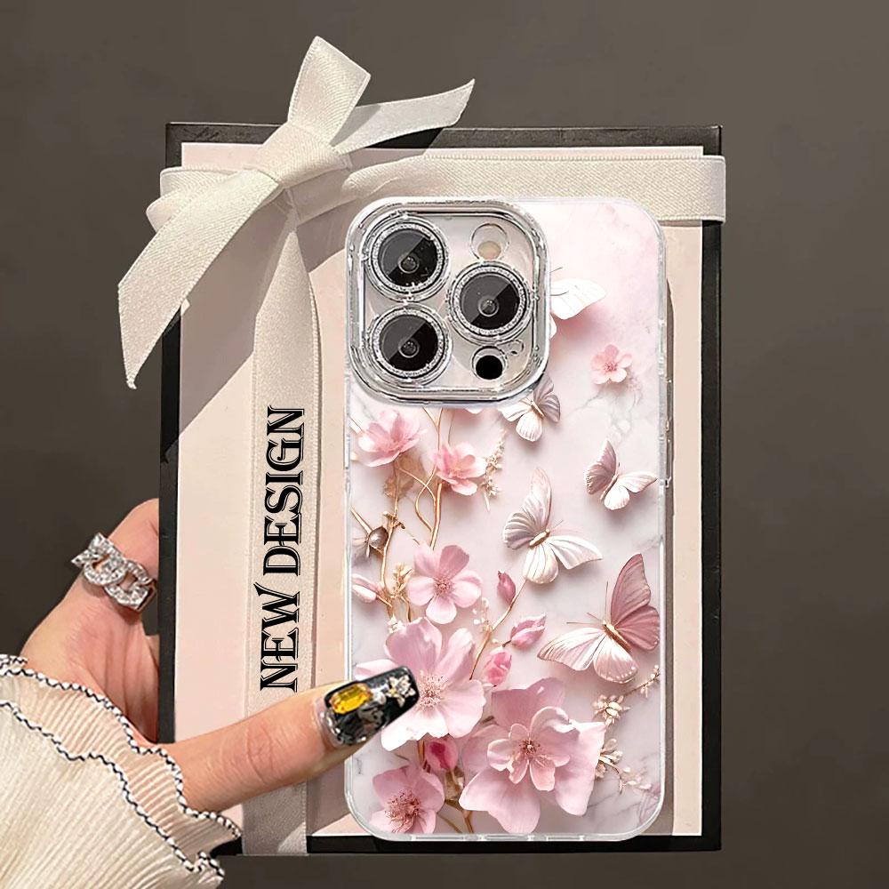 Beautiful Butterfly Flower Glacier Texture Case For iPhone 17 Air 16 15 14 13 12 11 Pro Max Plus With Glass Lens Protector Cover