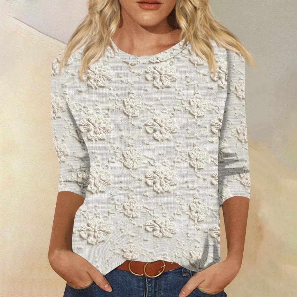 Women's Fashion Casual Round Neck 3/4 Sleeve Loose Printed T-Shirt Ladies Top