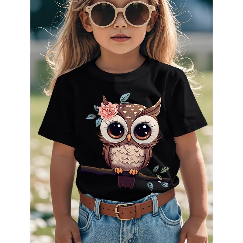 European sizes Adorable Short-Sleeve T-Shirt for Girls Featuring a Cute Owl Adorned with a Flower Crown.