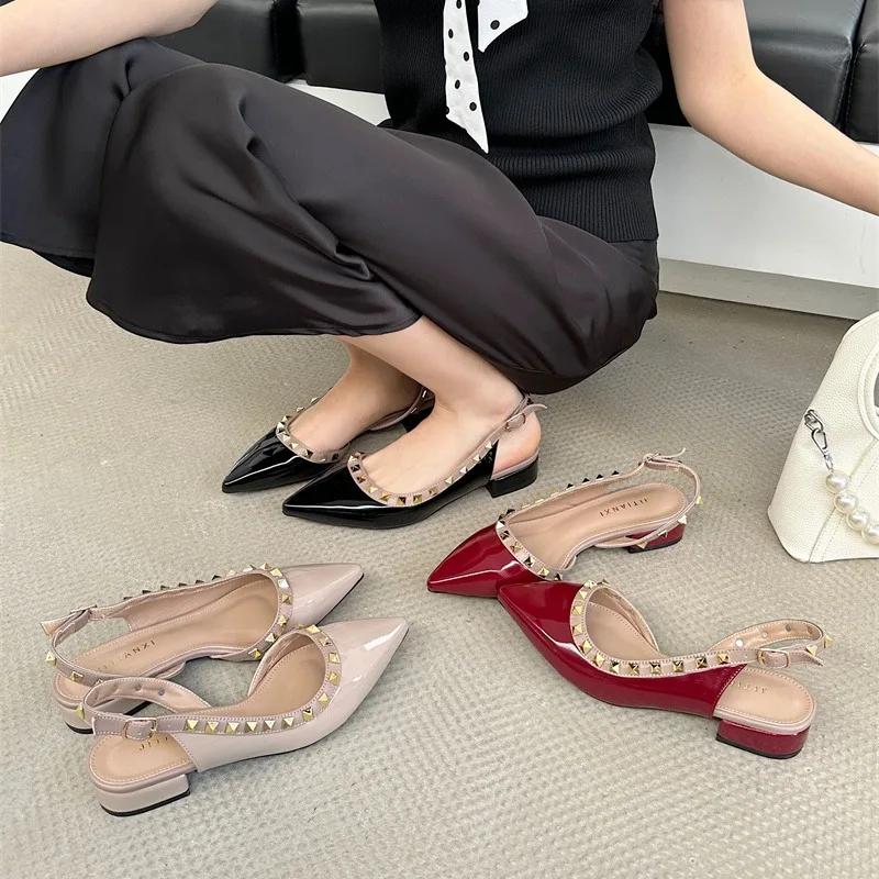 Kadın Sandalet Yaz Yüksek Topuklu Sivri Burunlu Sığ Ağızlı Nude Renk Kalın Topuklu Düğün Ayakkabısı Gelin