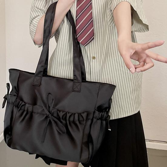Women Wrinkled Shoulder Bag Glossy Tote Bag with Bows Large Capacity Handbag Purse for Daily Outings Street Commuting Parties Date