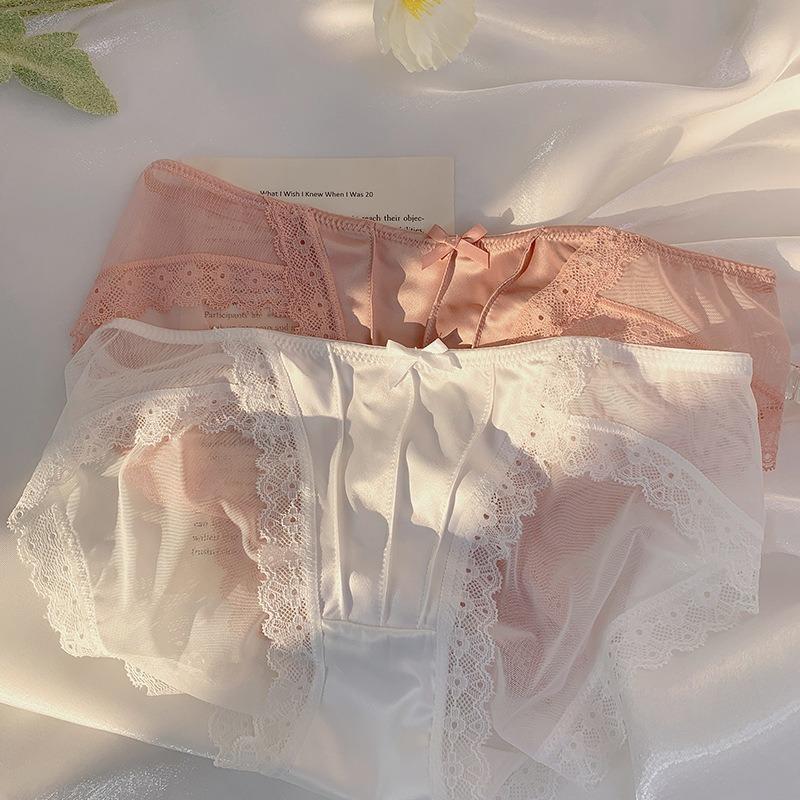 French Retro Satin Lace Mesh Low Waist Sexy Women Brief Underwear