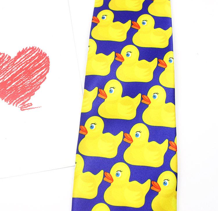 Matte Polyester Screen Printed Yellow Duck Pattern Long Tie for Men and Women