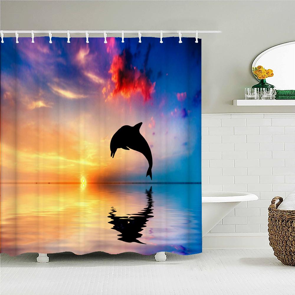 Sunset Dusk Beach Palm Tree Seaside Scenery Fabric Shower Curtain Waterproof Bath Curtains For Bathroom Decorate With 12 Hooks