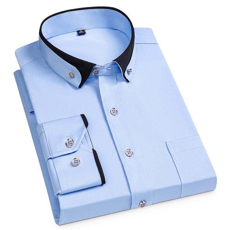 Men's Stretch Long Sleeve Contrast Collar Non-Iron Shirt - Business Casual, Spring/Autumn