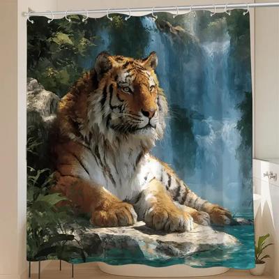 Ein Dschungel-Tier-Duschvorhang mit einem Dschungeltiger, perfekt für Neujahr, inklusive 12 Haken, Maße 70,87*70,87 Zoll für