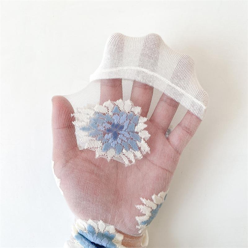 Crystal Silk Socks Women Summer Ultra-thin Transparent Nylon Long Socks Floral Embroidery Japanese Kawaii Cute Mesh Lace Socks