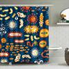 Modern Bathroom Shower Curtain Featuring Microbes Pattern Blue Backdrop With Red, Yellow White Stripes Decorative Waterproof Fab
