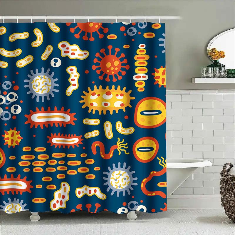 Modern Bathroom Shower Curtain Featuring Microbes Pattern Blue Backdrop With Red, Yellow White Stripes Decorative Waterproof Fab