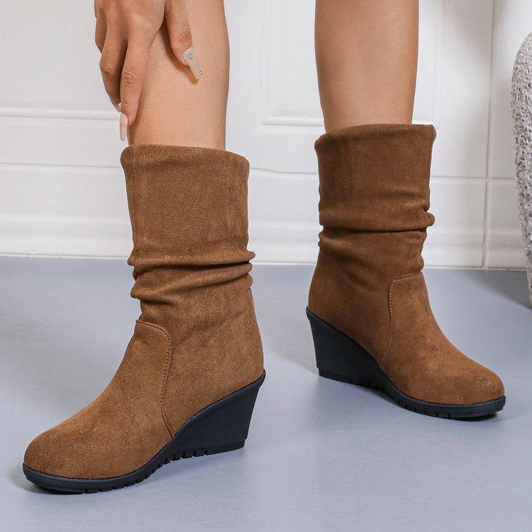 Damen-Rüschen-Stiefel bis zur Wade, klobige Absätze, vielseitige tägliche Kurzstiefel, Plateau-Ritterstiefel