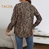 Women Spring Fall Coat Fake Chest Pocket Turn-down Collar Single-breasted Leopard Print Long Sleeves Mid Length Daily Wear Jacket
