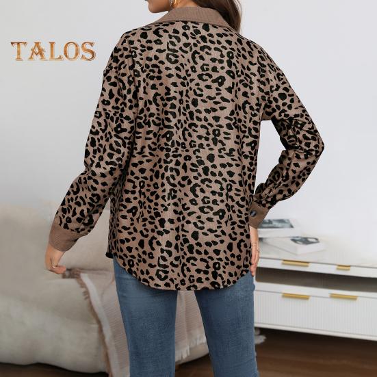 Women Spring Fall Coat Fake Chest Pocket Turn-down Collar Single-breasted Leopard Print Long Sleeves Mid Length Daily Wear Jacket