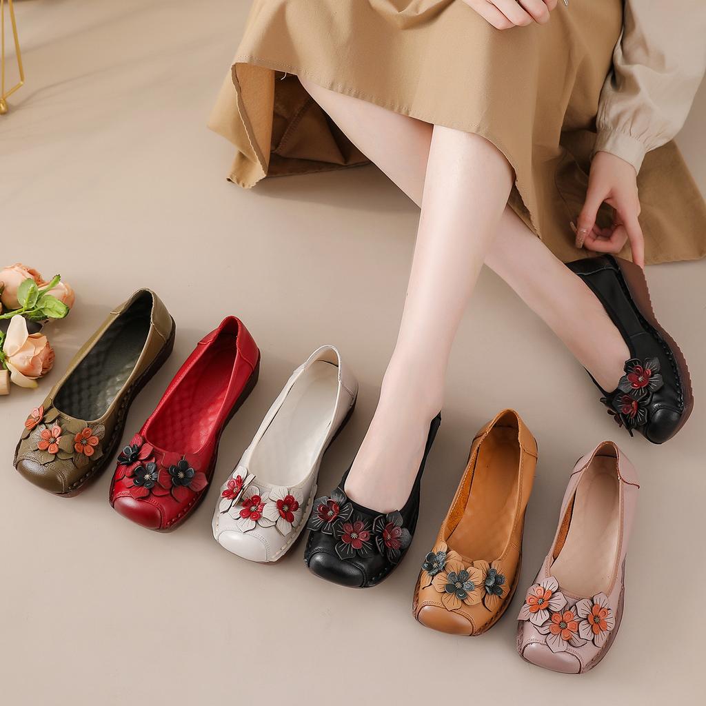 Fashion New Genuine Leather Wedge Pumps Women Med Heeled Pump Slip On Flats Elderly Woman Retro Moccasins Ladies Flat Sole Shallow Shoe