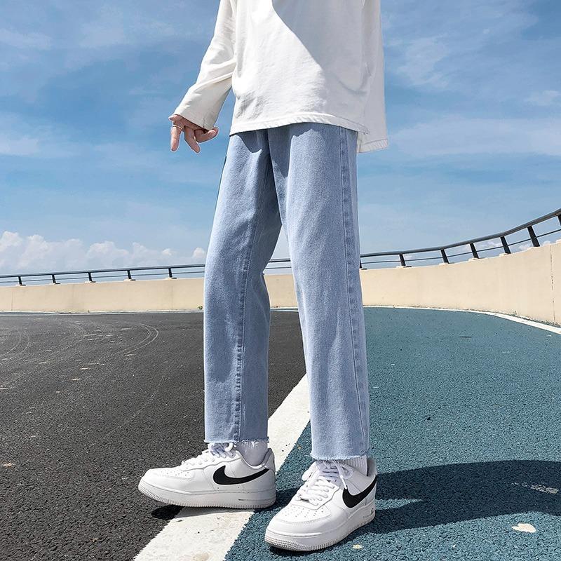 JYL Мужские Джинсы Корейский Цветной Блок Свободные Прямые Сырой Край Деним 3XL