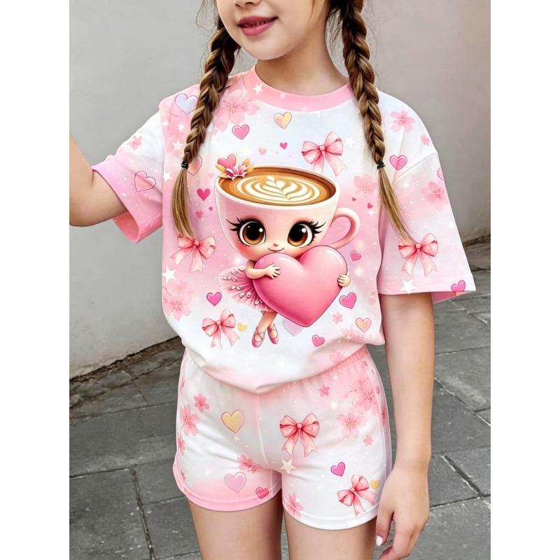 Conjunto de 2 piezas para niños de verano, casual, deportivo, tendencia, estampado de patrón 3D, camiseta de cuello redondo y conjunto de pantalones cortos