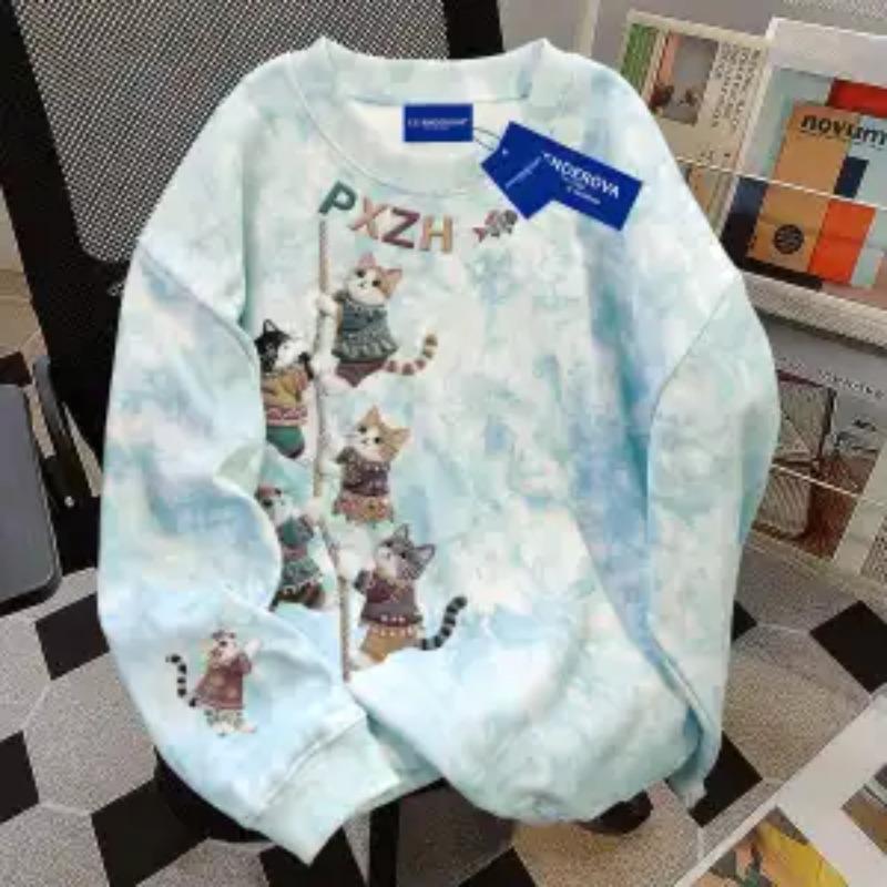 

Толстовка из чистого хлопка в американском трендовом стиле тай-дай с круглым вырезом для женщин на осень-зиму, свободный топ M синий