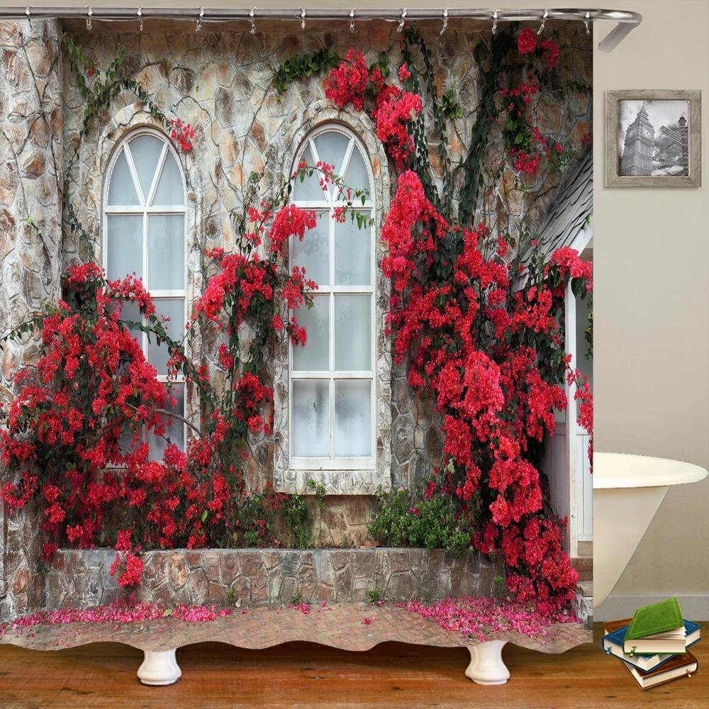 Badrum Vattentät Duschdraperi Polyester 3D Berg Trädgård Havssida Vacker Blomma Landskapstryck Hemdekoration Draperi